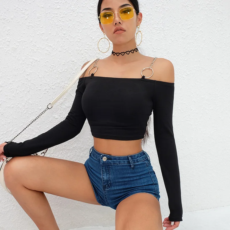 2018 для женщин с металлической цепочкой пикантные слово плечо ОТВОРОТОМ Весна и