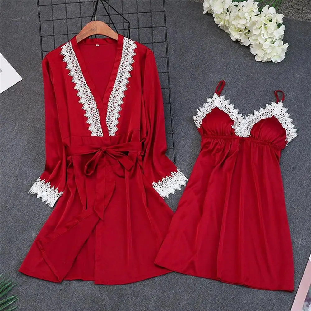 2/шт сексуальное женское белье ночная рубашка атласное пальто ночное с рукавом