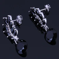 brilliant plant black cubic zirconia silver plated drop dangle earrings v0706