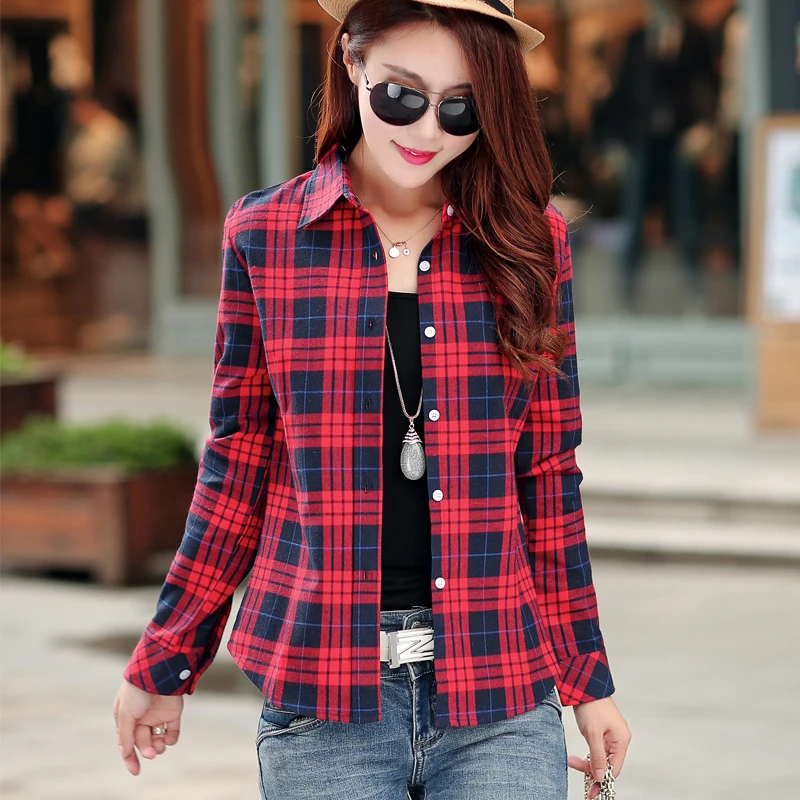 

2021 New Cotton Checkered Plaid Blouses Shirt Cage Female Long Sleeve Casual Slim Women Plus Size Shirt Office Lady Tops Red