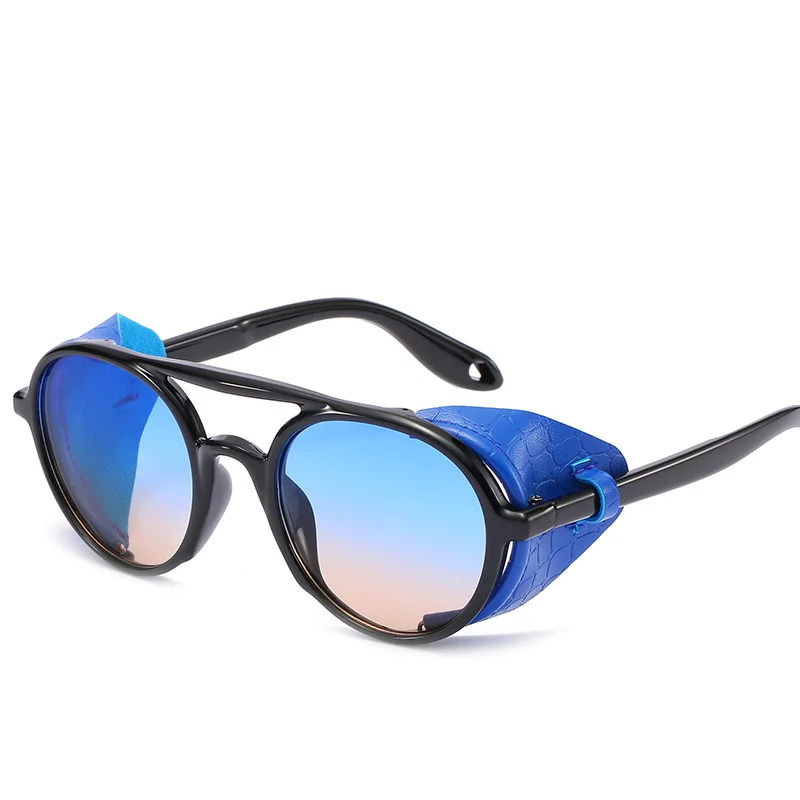 Vintage Steampunk Sunglasses Men Women Leather Round Sun Glasses Female Brand Designer Frame Glasses lunette de soleil - Цвет линз: Blue