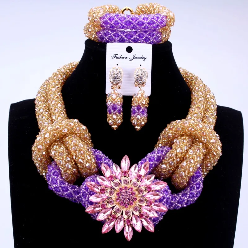 Gold Purple Роскошный комплект украшений в африканском стиле комплекты золотого цвета нигерийские Свадебные Бусы Наборы для невесты женские Свадебные украшения ожерелье набор - Окраска металла: Gold Purple