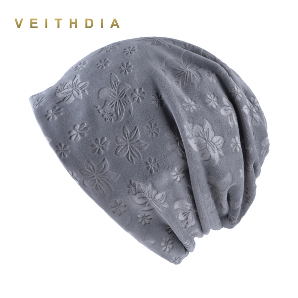 Женская трикотажная двухслойная шапка VEITHDIA осенне зимняя с цветочным принтом