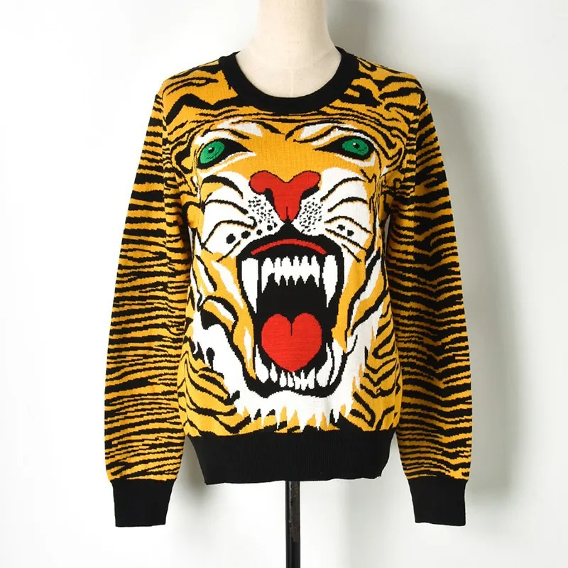 Fashion Tiger Head Pattern Women Sweater 2018 Winter Yellow Black Hit Color Leopard Jacquard Knit Cool Pullovers | Женская одежда