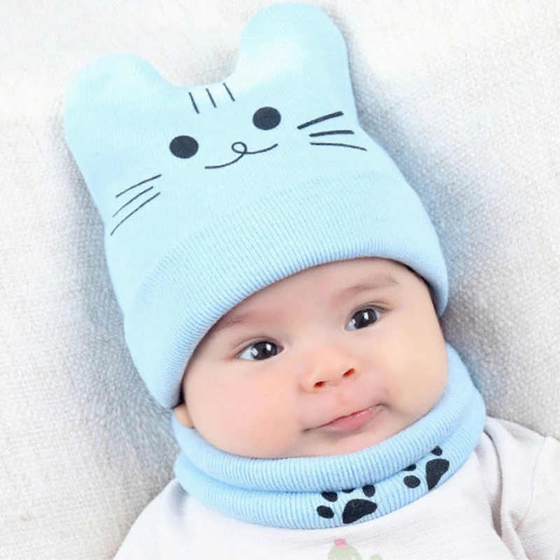 DreamShining Newborn Baby Hat Scarf Set Cartoon Cat Warm Hats Autumn Winter Toddler Beanie Protect Ear Cap Kids Scarves | Детская одежда
