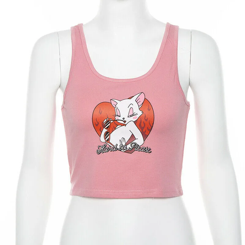 Женский укороченный топ без рукавов облегающая Розовая Майка с мультяшным