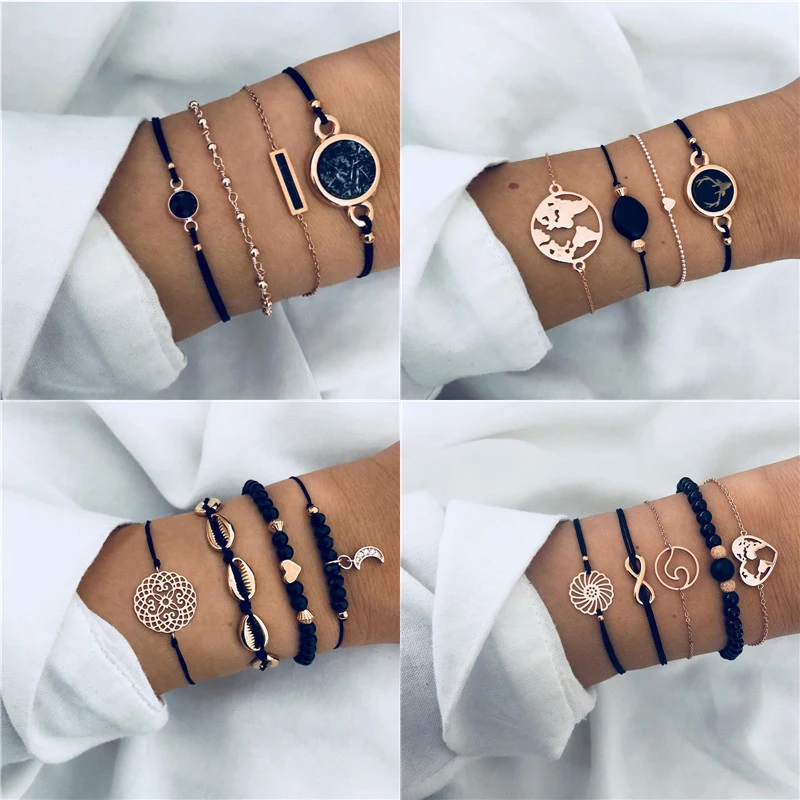 

Modyle New 33 Styles Bohemia Rose Gold Color Black Stone Bracelet Set Fashion Jewelry for Woman Dropshipping