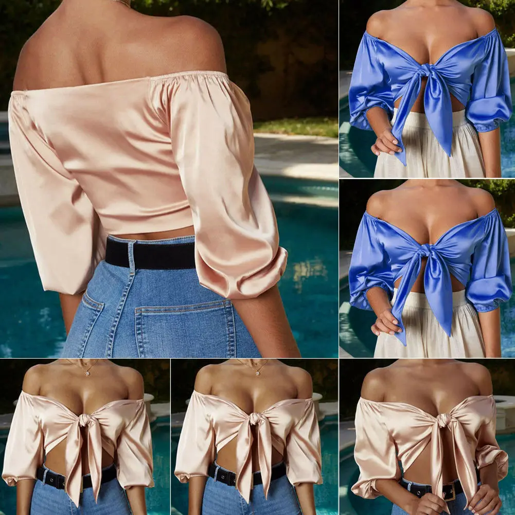 

Womens Bandage Tops Satin Silk Tie Up Knot Flared Sleeved Cropped Top Plunge Shirt Ladies Fashion Off Shoulder Tank Top
