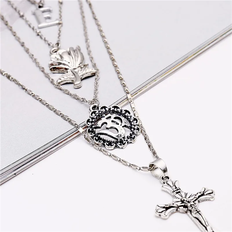 Новинка ретро ожерелье с многослойным крестиком кулон буквами цветы круглые