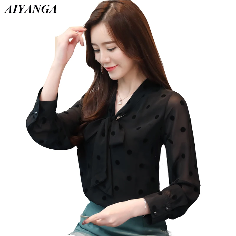 Chiffon Blouses Women 2019 Womens Tops and Blouses Long Sleeve Elegant Office Lady Lace Up Bow Slim Sweet Shirts Black Lady