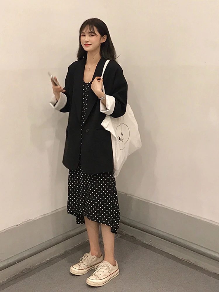 

Women's Clothing korean black Suits womens jackets casual Blazers loose coat pockets new jacket chic+spaghetti strap dresses new
