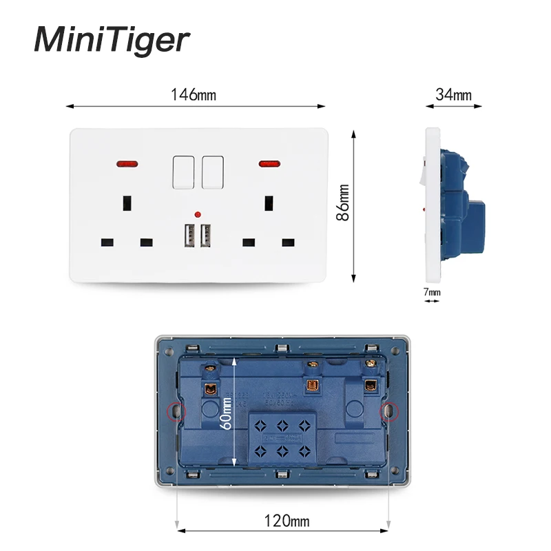 Minitiger настенный разъем питания двойной Великобритании стандартный отвод переключается 2.1A двойной USB зарядное устройство Порт светодиодный индикатор 146 мм* 86 мм белый цвет