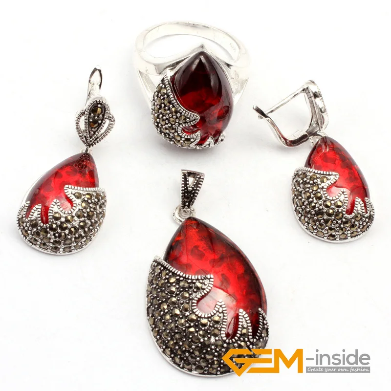 

Jewelry Sets: Red Crystal & Antiqued Tibetan Silver: Ring Earrings Pendant Classical Jewelry For Party Gifts