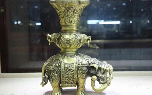 

song voge gem S1127 Chinese Brass Copper Elephant God Bottle Cup Vase Statue Incense Burner Censer