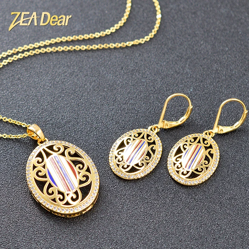 

ZEADear Bohemia Earrings Necklace Jewelry Sets Zircon Red Blue Enamel Oval Pendant For Women Girl Engagement Party Wedding Gift