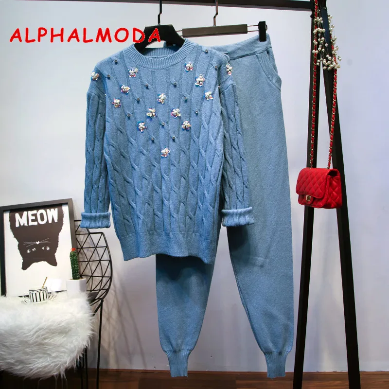 ALPHALMODA осень зима женские 3D цветочные трикотажные брюки костюмы тяжелая работа с