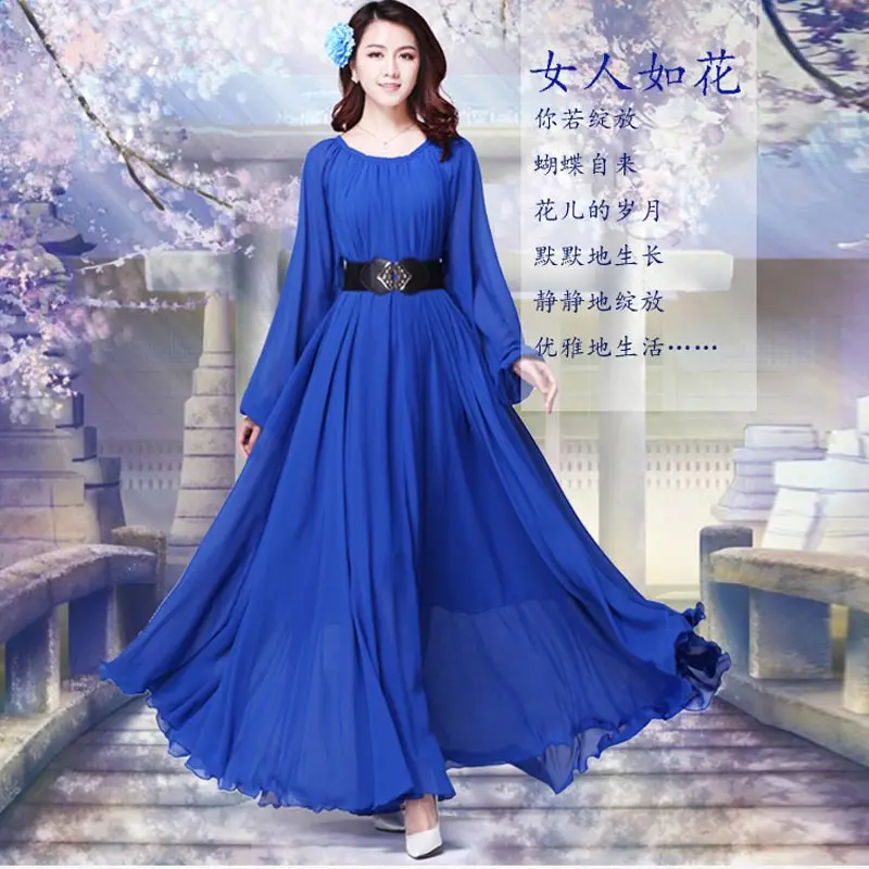 Royal Blue Длинный рукав сплошной цвет Богемия элегантный размера плюс полная длина макси платье для отдыха на пляже легкое платье для подружки невесты - Цвет: Royal Blue