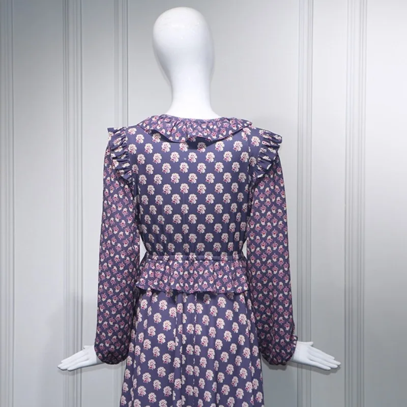 

Asymmetric Printing Dress V-Neck Ruffles Long Sleeve Holiday Women Midi Dresses Vintage Vestidos 2021 New Casual Autumn Clothing