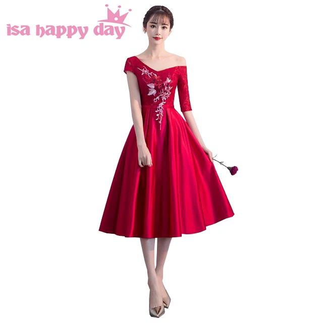 

burgundy mid length lace up bridesmaid new arrival formal women dresses bridemaid princess dress adult with sleeves H4284
