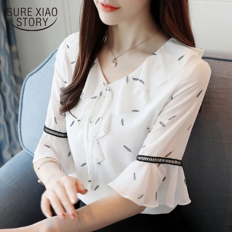 

fashion women blouses 2021 flare short sleeve women shirts print white chiffon blouse shirt v collar summer women tops 2740 50