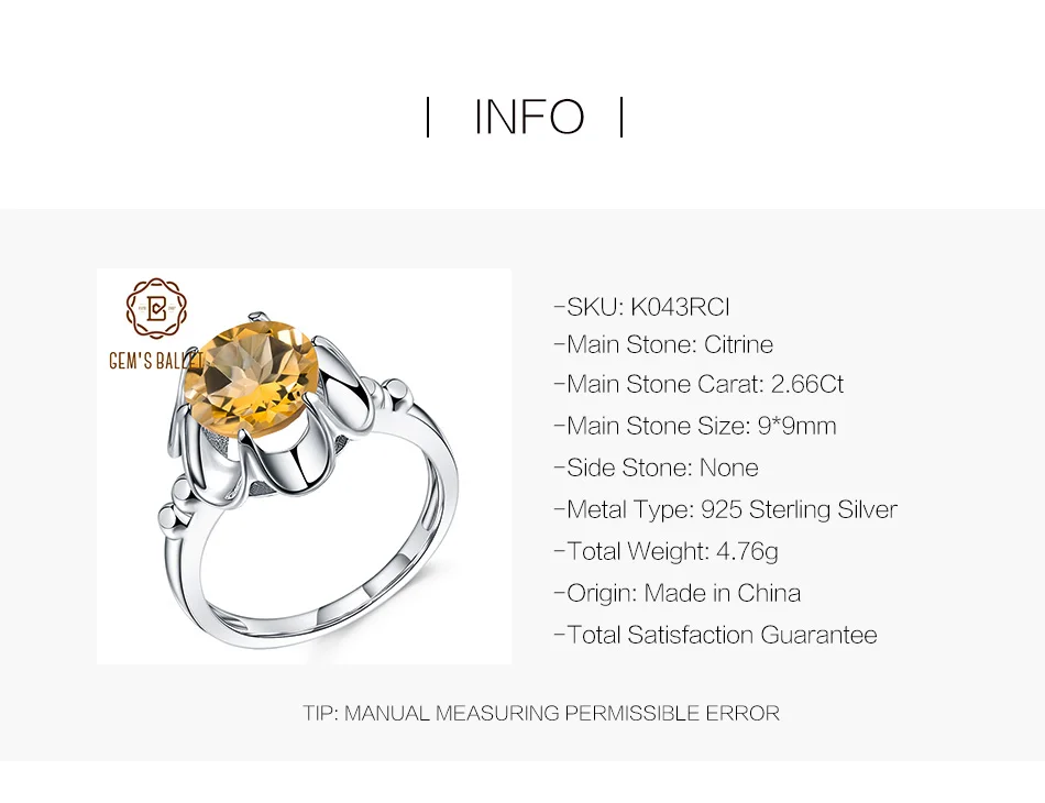 GEM'S BALLET, 2.66Ct, натуральный цитрин, обручальное кольцо, натуральная 925 пробы, серебро, драгоценный камень, кольца на палец для женщин, хорошее ювелирное изделие
