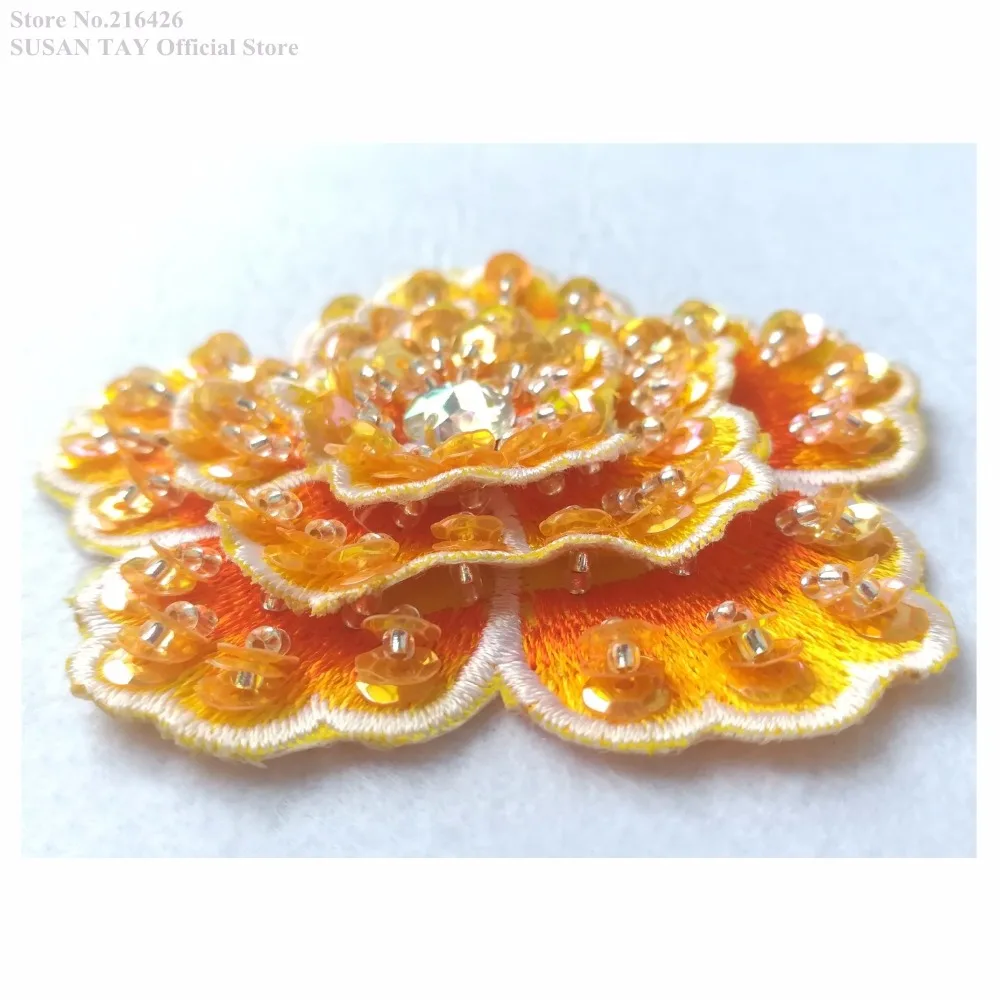 New Yellow Sequined Beaded 3-Layer 3D Flower Embroidery Patches Lace Applique Dancing Dress Costume Decorating 10pcs/lot BNC143E | Дом и сад