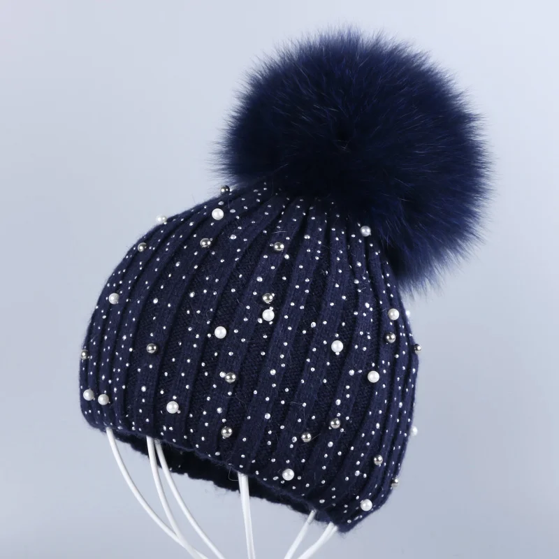 Fox Pom navy hat Новая женская кашемировая зимняя шапка, тонкие шапочки из натурального меха лисы и норки, помпоны, шапочки Skullies, кашемировые Стразы модные зимние шляпы - Цвет: Fox Pom navy hat