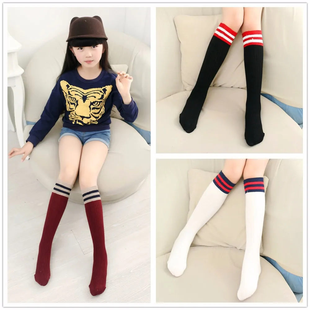 Дети колено высокие носки девочки мальчики футбол в полоску старый белые