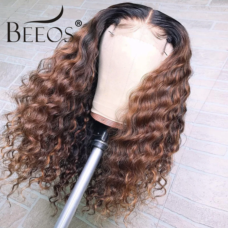 Beeos Омбре медовый блонд 150% 13*6 кружевные передние человеческие волосы парик перуанские Remy вьющиеся волосы цветные парики предварительно выщипанные волосы Baby Hiar