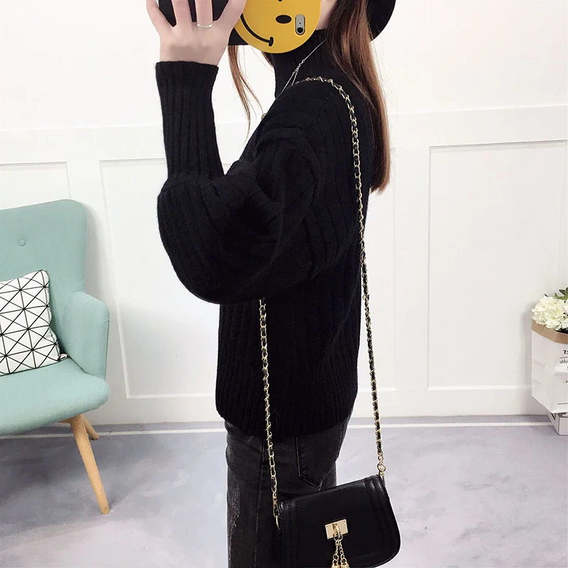 2018 New Korean loose hedging women knit shirts Half-high collar lantern sleeves fashion autumn winter Sweater primerTW016 | Женская