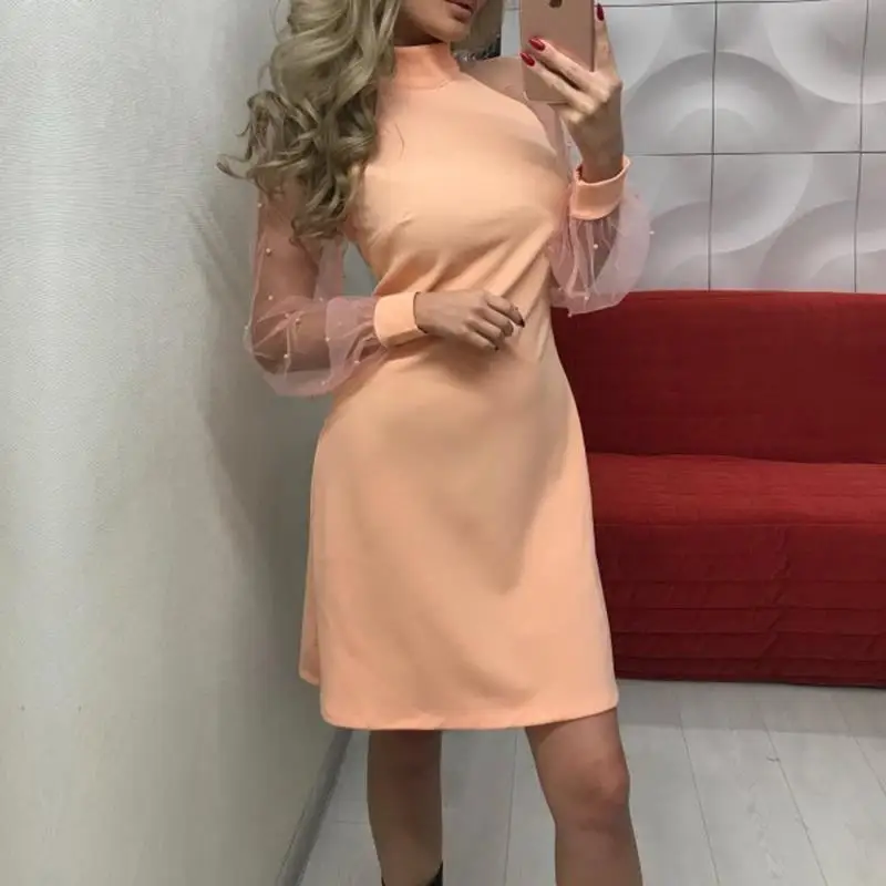 Женское платье с длинными рукавами-фонариками однотонное Сетчатое жемчужинами