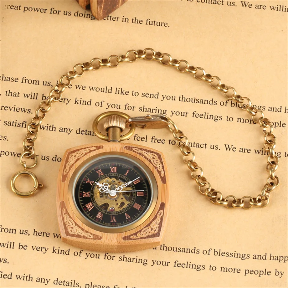 Уникальный Квадратный Золотой винтажный узор полые часы Креативный дизайн ручной Ветер Механические карманные часы красный деревянный Римский номер
