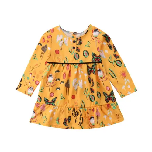 Новое желтое Цветочное платье для маленьких девочек с длинным рукавом и
