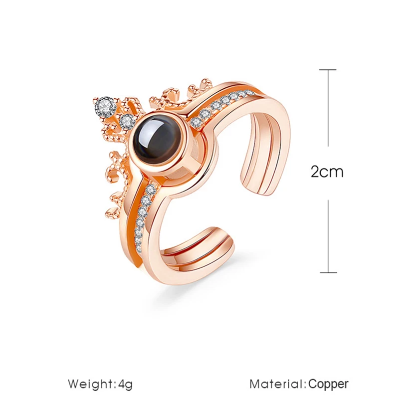 Fashion 100 languages I love you Projection Ring Rose Gold&Silver Romantic Love Crown Combination Open couple Rings Crystal Ring