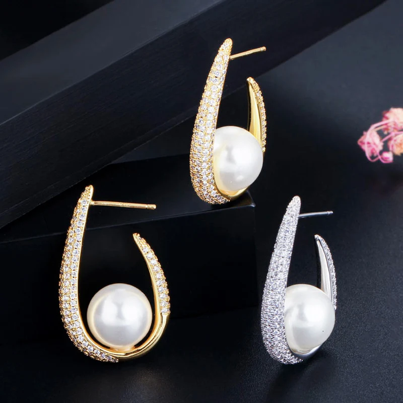 Pera Elegant Brilliant Women Big Round Pearl Cubic Zirconia Yellow Gold Circle Long Drop Earrings for Party Jewelry Gift E393 | Украшения и