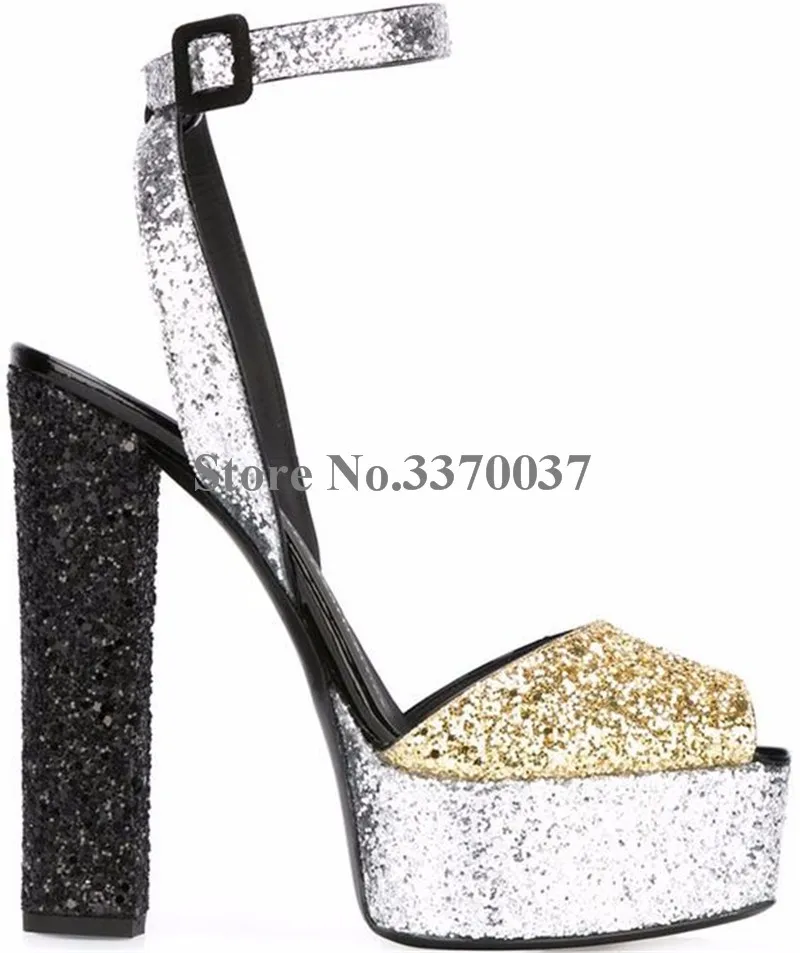 Women Charming Fashion Peep Toe Sequined High Platform Sandals Ankle Strap Super High Heel Sandals Wedding Shoes Club Shoes