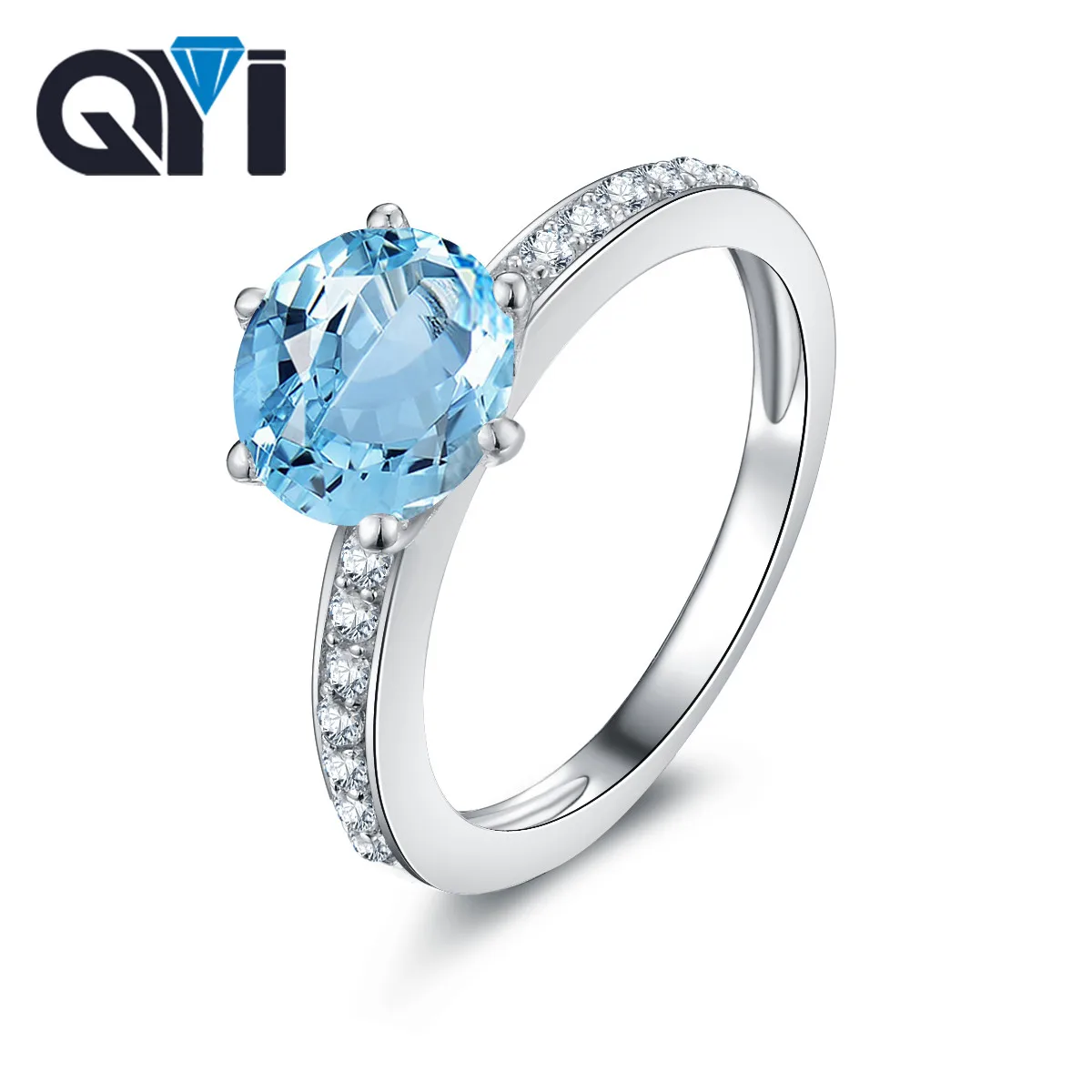 

QYI Trendy 1.9ct Round Sky blue Topaz Ring Women Gemstone Party Finger Jewelry 925 Sterling Silver Solitaire Engagement Rings