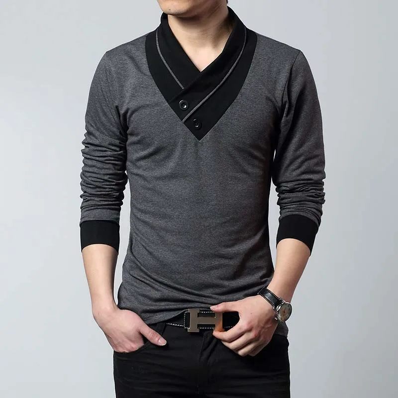 

Spring Autumn Men Long Sleeve Vintage T-Shirt Cotton V-Neck T Shrit Casual Slim Fitness Bottoming Tshirt Plus SIze M-4XL