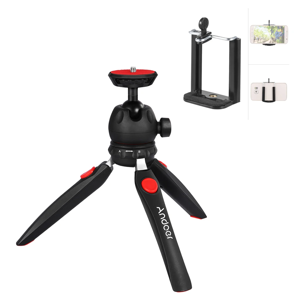 with phone clamp Andoer мини настольный штатив для телефона, фотокамеры для Canon Nikon sony DSLR для huawei смартфон для GoPro - Цвет: with phone clamp