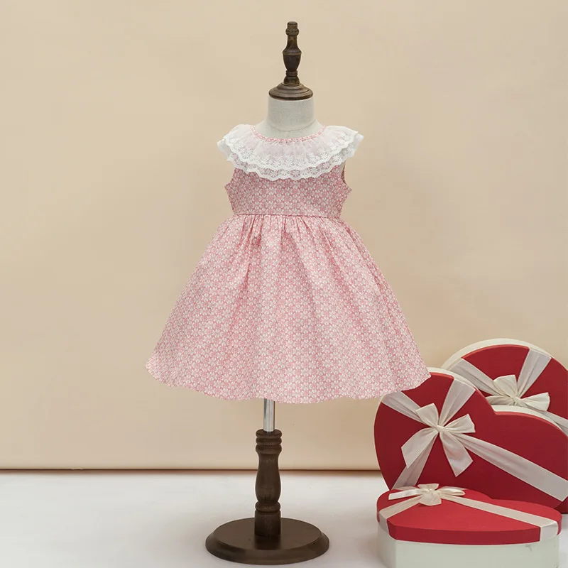 Cindy&ampNancy New Summer Girls Cute Pink Blue Floral Printed Lace O-neck Sleeveless 1-6yrs Cotton Woven Princess Casual Dresses | Детская