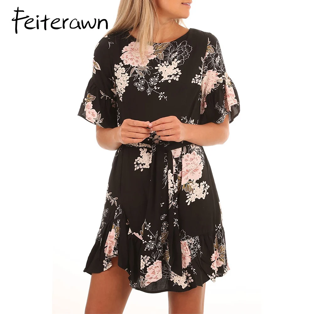 Feiterawn 2018 Весна Женщины платье элегантные модные черный цветочный узор рюшами