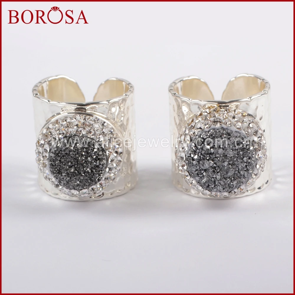 

BOROSA 5PCS Rhinestone Pave Round Silver Plated Druzy Crystal Band Ring Gems Rings High Quality Drusy Jewelry Gifts JAB832