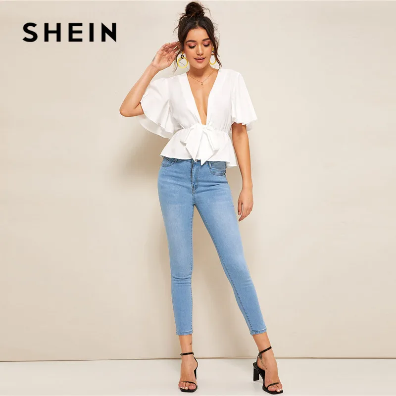 SHEIN глубокий вырез рукава-крылышки с завязкой спереди Сексуальная Блузка Для женщин летнее платье с глубоким v-образным вырезом белая блузка однотонные с коротким рукавом женские топы