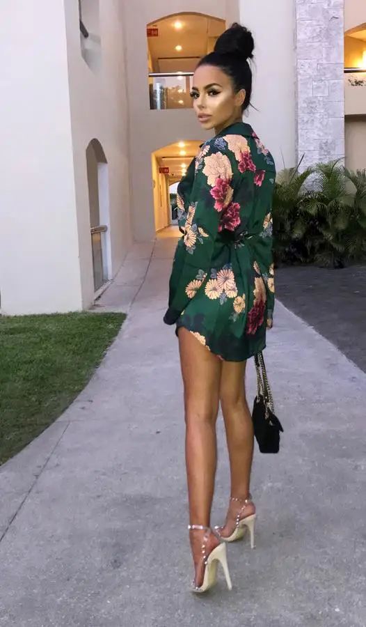 Женское облегающее платье мини с длинным рукавом и цветочным принтом|Женские