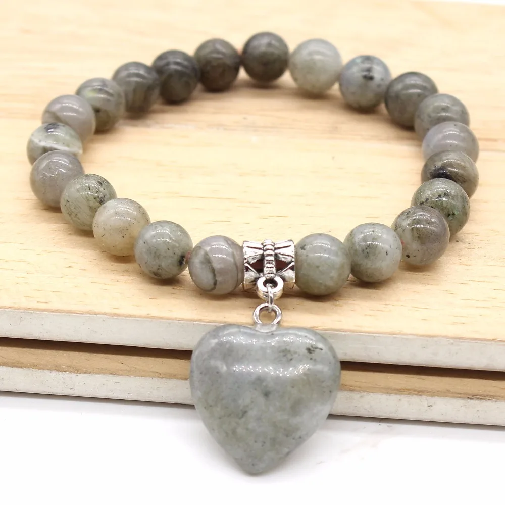 

Trendy-beads Silver Plated Labradorite Stone Heart Connect 8 mm Round Beads Elastic Bracelet Romantic Jewelry