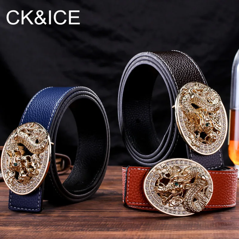 CK&ampICE Casual belt men women fancy vintage Chinese Dragon Cowskin Waistband smooth button Waist Strap luxury genuine leather |