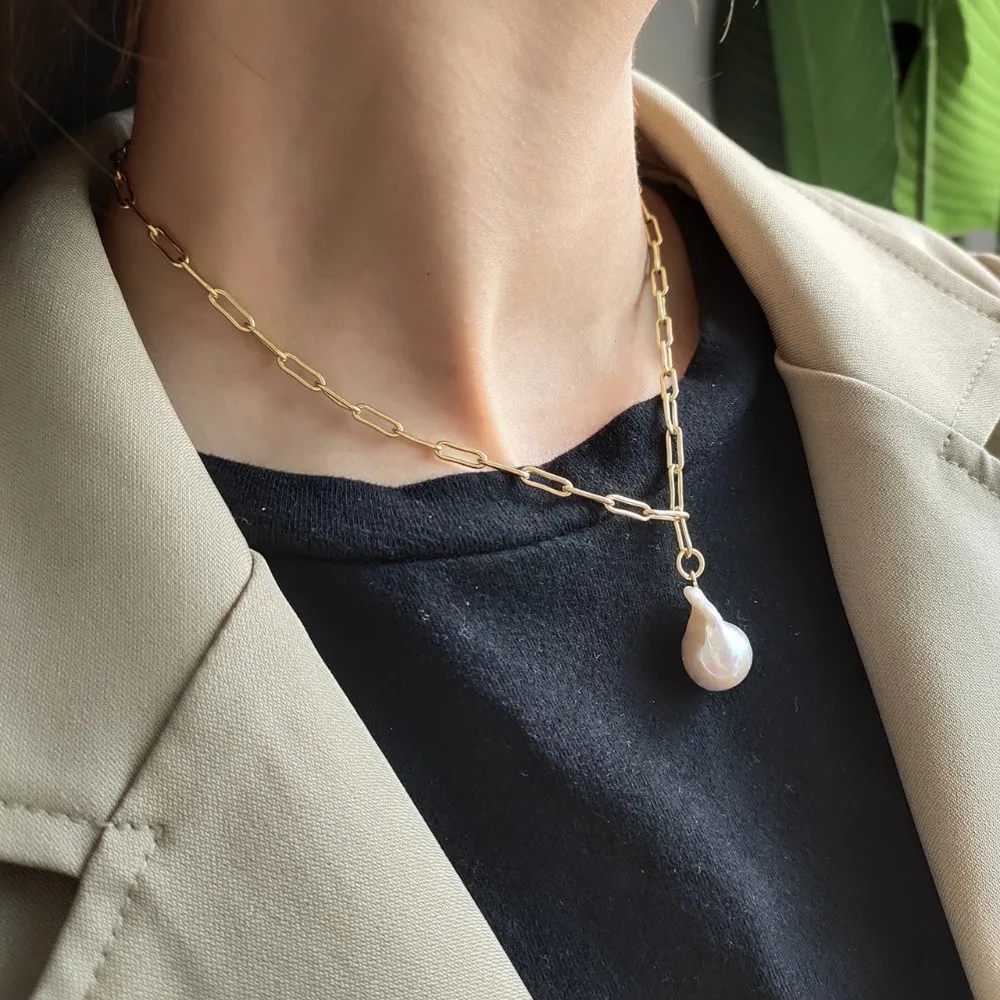 

2019 Baroque Choker Pearl Pendant Necklace For Women Golden Color Real 925 Sterling Silver Necklace 2019 Party Jewelry