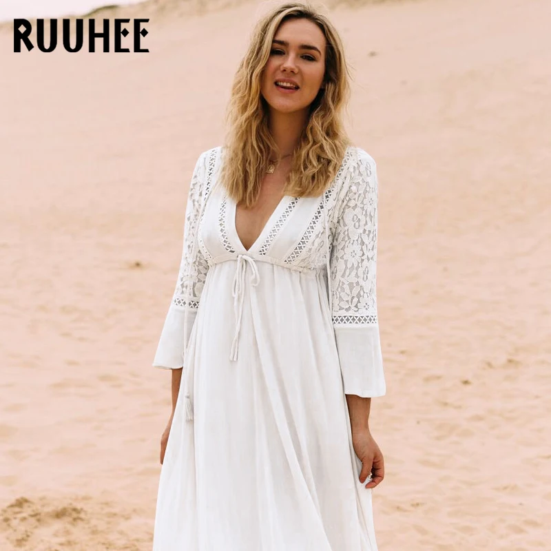 

RUUHEE Cover-Ups Bathing Suit Women Bikini V Neck Cover Up Swimsuit Swimwear Summer Belted See-Through Beach Wear Beach Dress