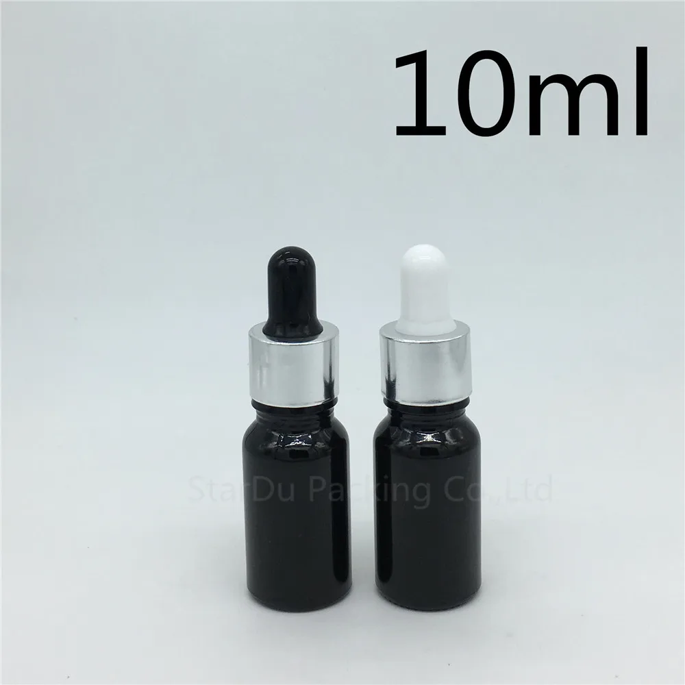 

Free shipping 500pcs 10ml black glass essential oil bottle with shiny silver aluminum ring dropper, 10CC glass perfume bottle