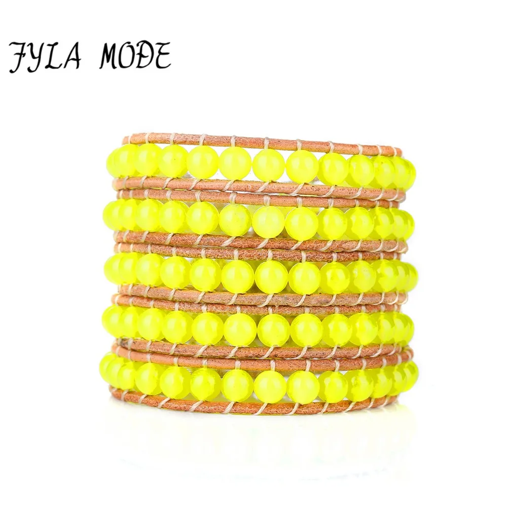 Fyla Mode высококачественный лимонный цветной камень 5 слойный кожаный браслет